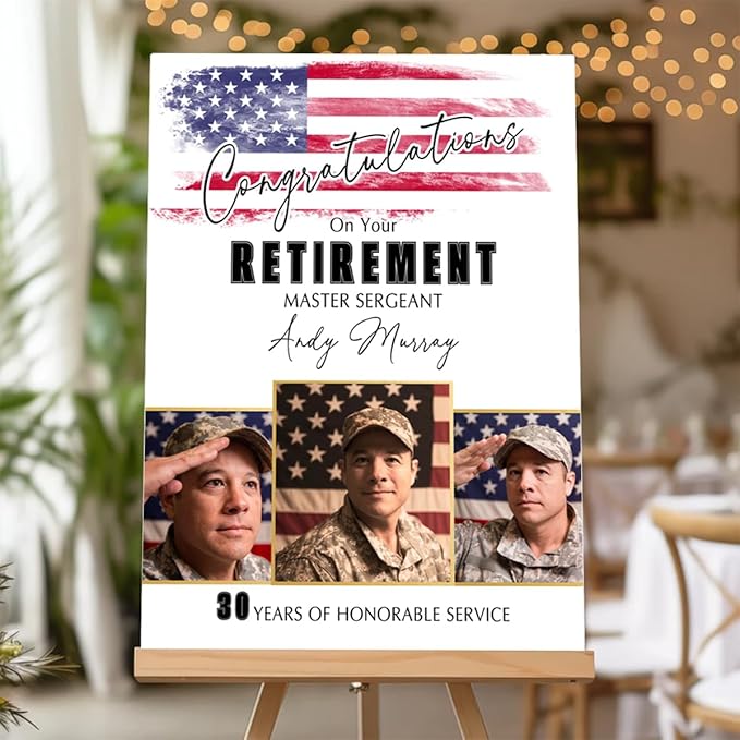 Personalized Patriotic Military Retirement Party Welcome Sign - Custom Army Retirement Celebration Welcome Poster - American Flag Theme Decor - Indoor/Outdoor Use - MultiSizes