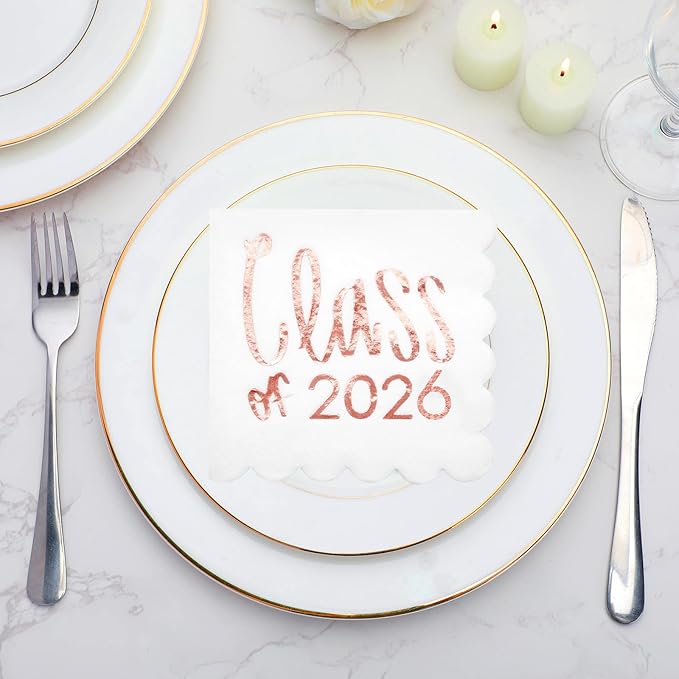 100 Pcs Class of 2026 Graduation Cocktail Napkins 5 x 5 Inch Congrats Grad Scalloped Paper Napkins for Dinner Beverage Graduate Decorations(Rose Gold)