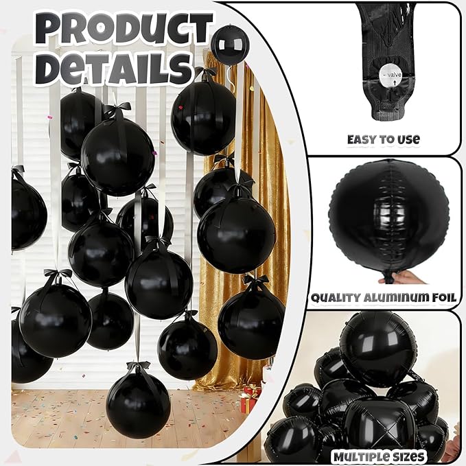 12 Pcs Black Foil Balloons, 22" 15" 10" 4D Round Ball Shape Balloons, Different Size Metallic Black Balloons for Graduation Birthday Wedding Baby Shower Prom Disco Party decorations Backdrop