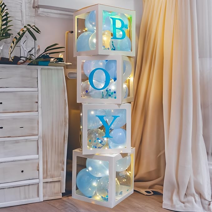 Uptotop Baby Shower Decorations Clear Balloon Blocks with Fairy String Lights, 4 Pack Transparent Balloon Boxes Including 30 Letters, 4 Warm White Fairy Lights & 36 Latex Balloons, Blue