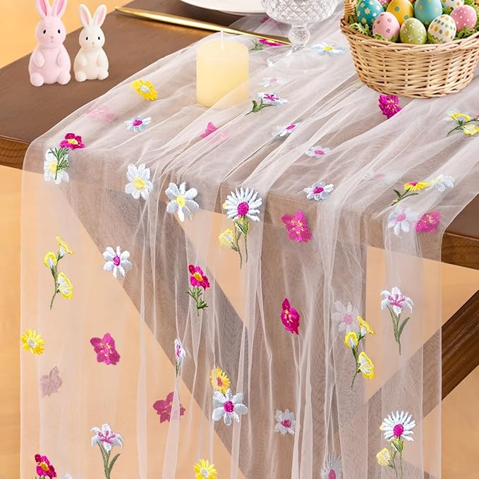 Socomi Floral Table Runner Spring Wildflower Gauze Tulle Cheesecloth Embroidery Sheer Table Runners for Wedding Party Baby Shower Birthday Holiday Picnic Home Decor 3pcs