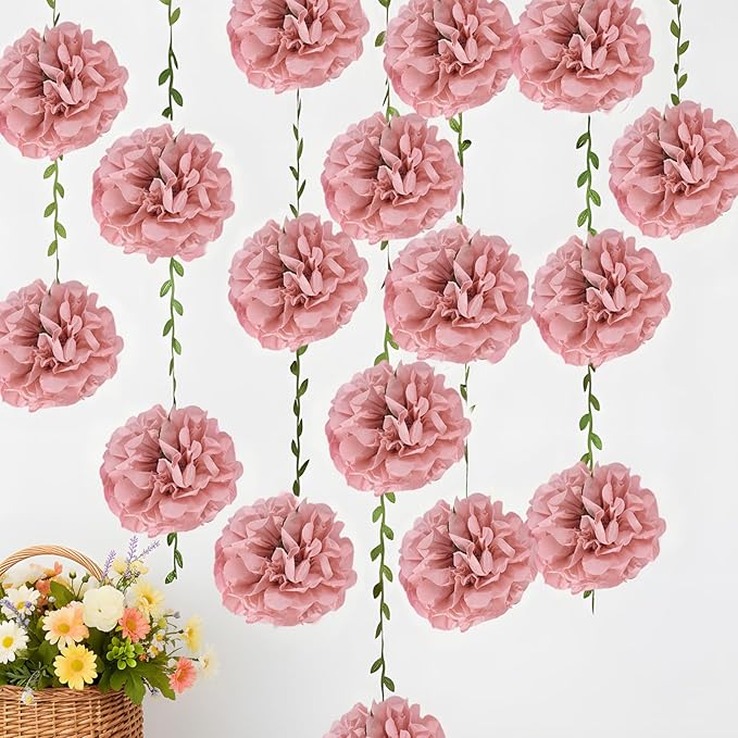 Pink Flower Garland for Backdrop - 2 Pcs Artificial Hanging Flower Garlands for Living Room Wedding Arch Decor, 8.2 Ft Fake Paper Floral Vines for Wall Window Garden Party Decoration