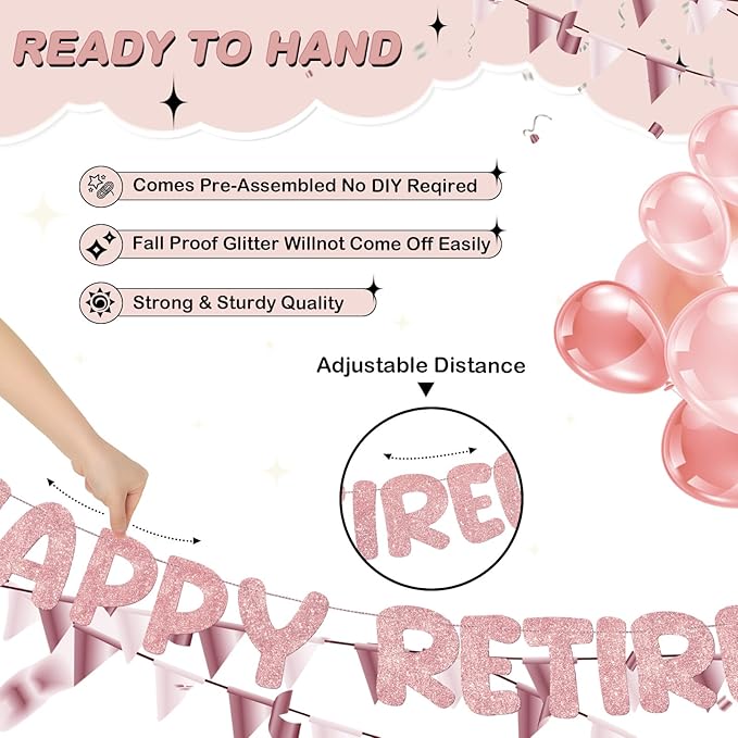 Fulmoon Pre Strung Happy Retirement Banner Glitter Retirement Sign Funny Official Retired Decor Party Decorations Supplies for Men Women Gifts (Rose Gold)