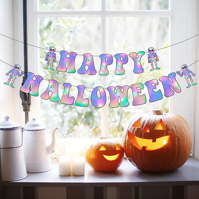 Halloween Iridescent Holographic Bats Party-Decorations Stickers Banner - 17pcs Neon Glitter 3d Paper Rooms Wall Decor,Hotel Transylvania Kids Happy Birthday Hanging Supplies Panduola