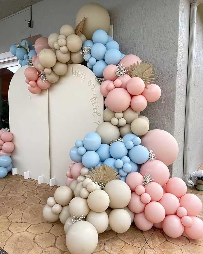 Gender Reveal Balloons Garland Arch Kit 154Pcs - 5 10 12 18 inch Different Size Pink Blue Sand White Balloon for Gender Reveal Boho Bachelorette Birthday Wedding Neutral Theme Decoration