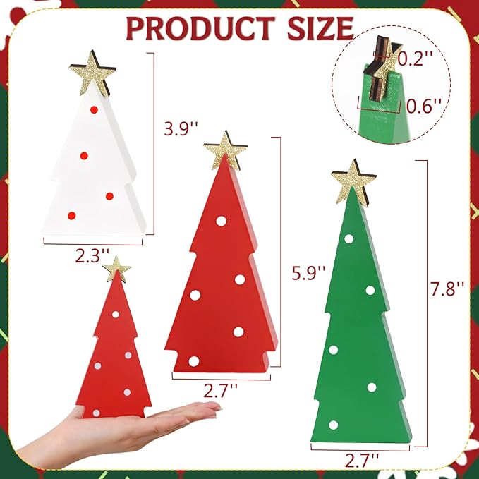 Christmas Decorations Indoor, 3PCS Christmas Trees Decorations Table Shelf Decor Wooden Sign Centerpieces with Glitter Star for Home Office Mantel Tabletop Fireplace Party Decor