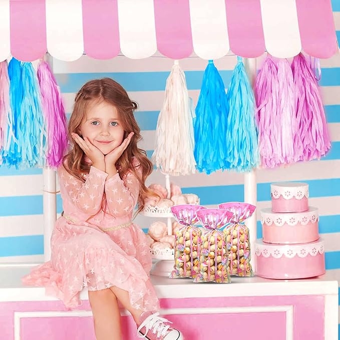 Geyee 100 Pieces Sweet Party Favors Ice Cream Treat Bags Plastic Candy Clear Cellophane Gift Bags with 100 Silver Twist Ties for Girls Kids Sweet Birthday Baby Shower Decorations Supplies