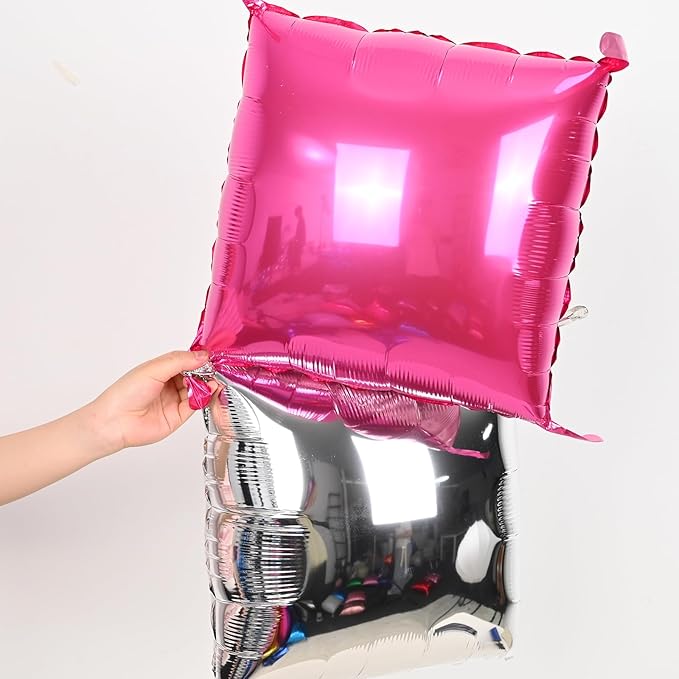 Hot Pink Silver Square Foil Balloons Wall, 25PCS Double Sided Chrome Silver and Pink Balloons Tunnel Arch Kit Backdrop for Girls Birthday Party Princess Graduation Galentines Valentines Decorations