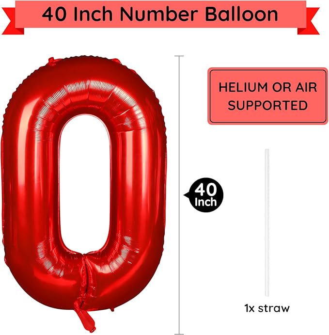 40 Inch Red Number Balloon 0, Large Number Foil Mylar Balloons for Birthday Party Celebration Decorations Supplies, Digital Balloons for Wedding Anniversary Events Decorations
