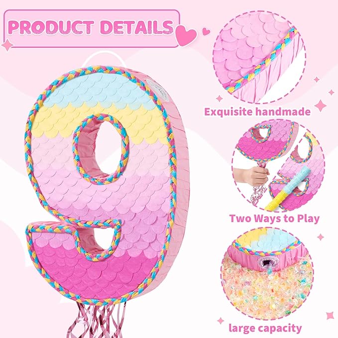 WERNNSAI Number 9 Piñata – Pink 9th Birthday Party Decorations Rainbow Ombre Nine Piñata for kids girls with Blindfold and Stick for 9 Year Birthday Supplies Princess Anniversary Decoration