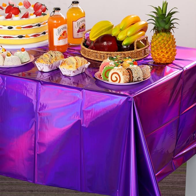FunnyPars 4 Pack Iridescent Purple Plastic Tablecloths, Shiny Disposable Laser Rectangle Table Covers, Foil Tablecloth Iridescent Party Decorations for Kpop Birthday Bridal Wedding Decor, 54x108 Inch