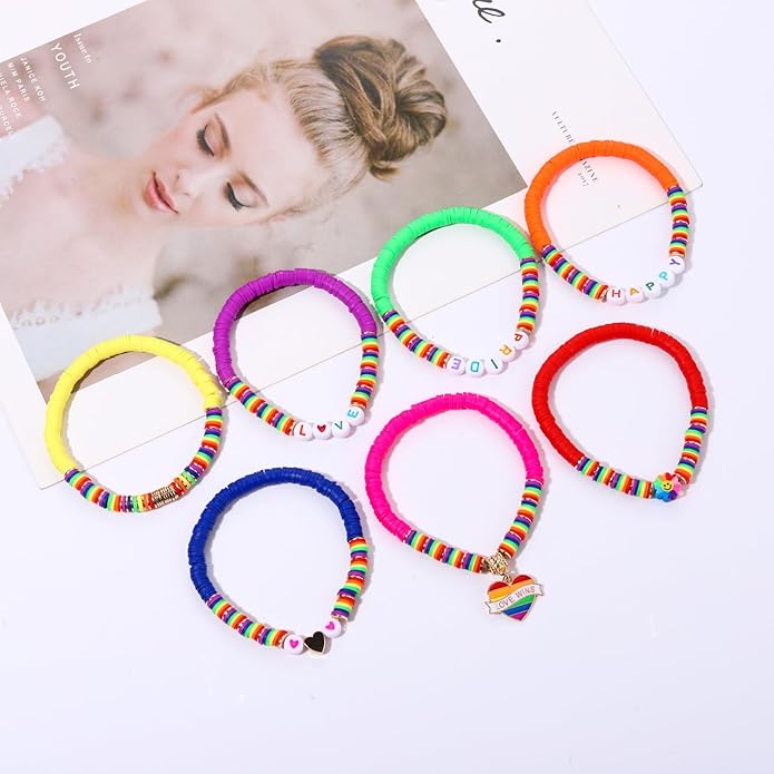Surfer Heishi Bracelets for Women Stackable Rainbow Vinyl Disc Clay Beaded Stretch Bracelets Elastic Layering Friendship Bracelets Boho Summer Beach Jewelry