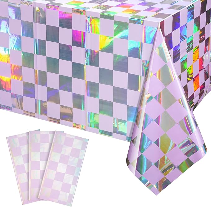 FunnyPars 3Pack Iridescent Checkered and Purple Plastic Tablecloths Shiny Disposable Laser Rectangle Table Covers Foil Tablecloth Iridescent Party Decorations Birthday Bridal Baby Shower, 54x108Inch