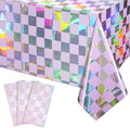 FunnyPars 3Pack Iridescent Checkered and Purple Plastic Tablecloths Shiny Disposable Laser Rectangle Table Covers Foil Tablecloth Iridescent Party Decorations Birthday Bridal Baby Shower, 54x108Inch