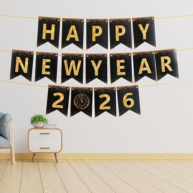 Happy New Year Banner,New Years Eve Party Supplies 2026, No DIY, Black Gold Happy New Year Banner for Outdoor Indoor Home Party Decorations