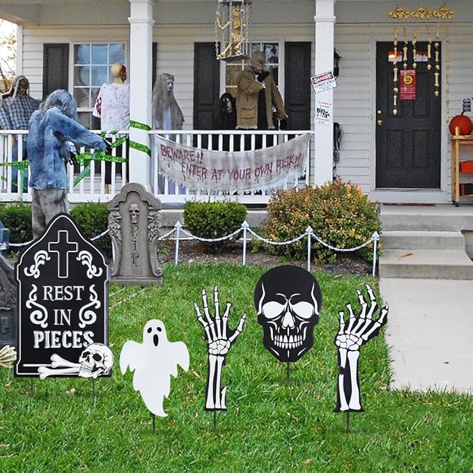 hogardeck Halloween Decorations Outdoor, 5 Pcs Metal Decorative Garden Stakes with Skulls Head, Hands & White Ghosts for Halloween Decor, Tombstone Yard Signs for Outside Garden Lawn Patio Porch