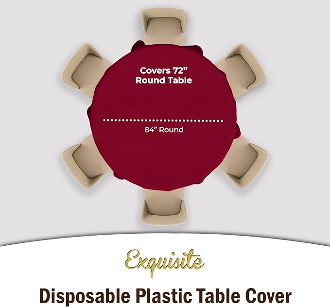 Exquisite Party Solids 6-Pack Premium Plastic Tablecloth 84in. Round Plastic Table Cover - Burgundy