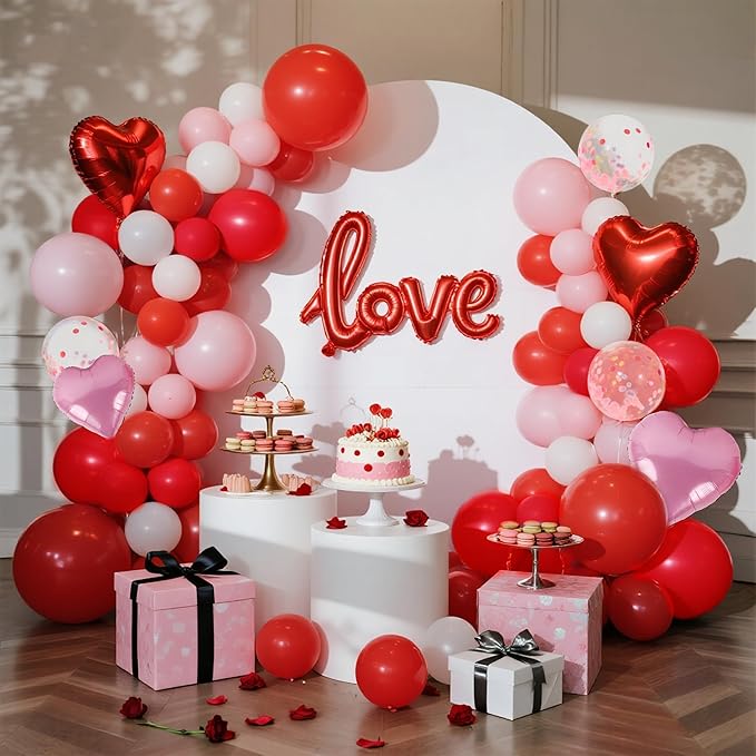 DR.DUDU 263 Pcs Valentines Day Balloon Arch Kit Decorations, Pink/White/Red Balloons Garland Decor with LOVE Heart Balloon Rose Petals for Mother's Day Party Birthday Wedding Proposal Anniversary