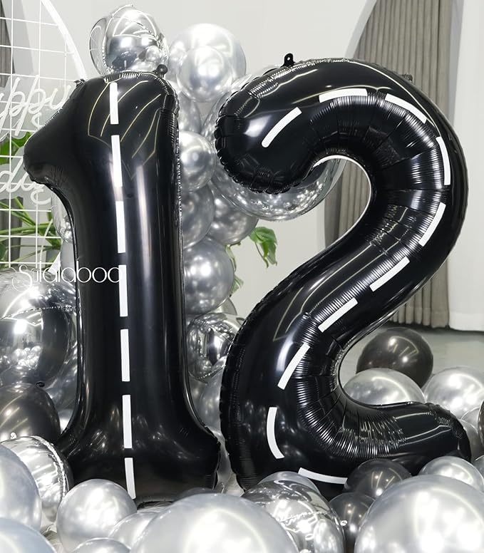 Race Car 40Inch Black 12 Balloon Number Large Helium Race Track 0-9 Giant Digital 12th Foil Mylar Big Party Number Balloons for Boy Birthday Car Theme Party Anniversary Graduation Decorations