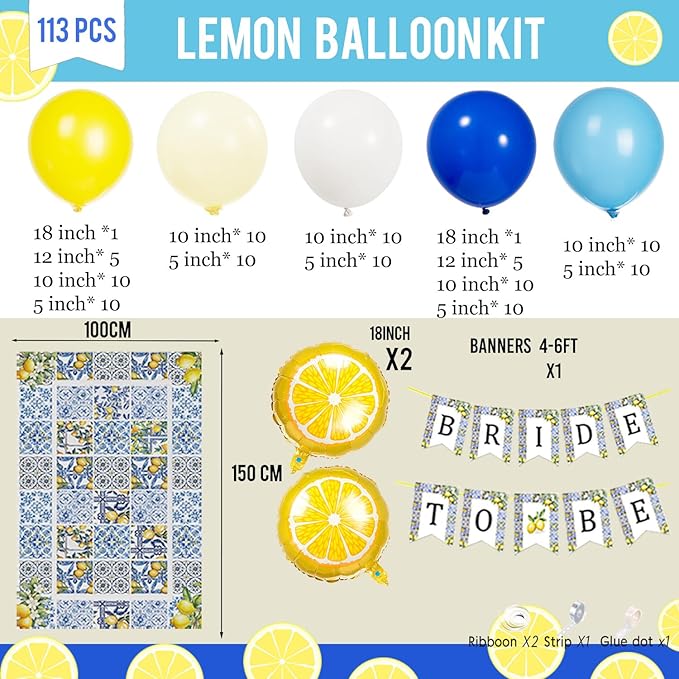 Lemon party decorations with Royal Blue Yellow White balloon arch kit Lemon foil balloons Banner Backdrop for bachelorette bridal shower capri italian amalfi coast wedding Bride to be decorations