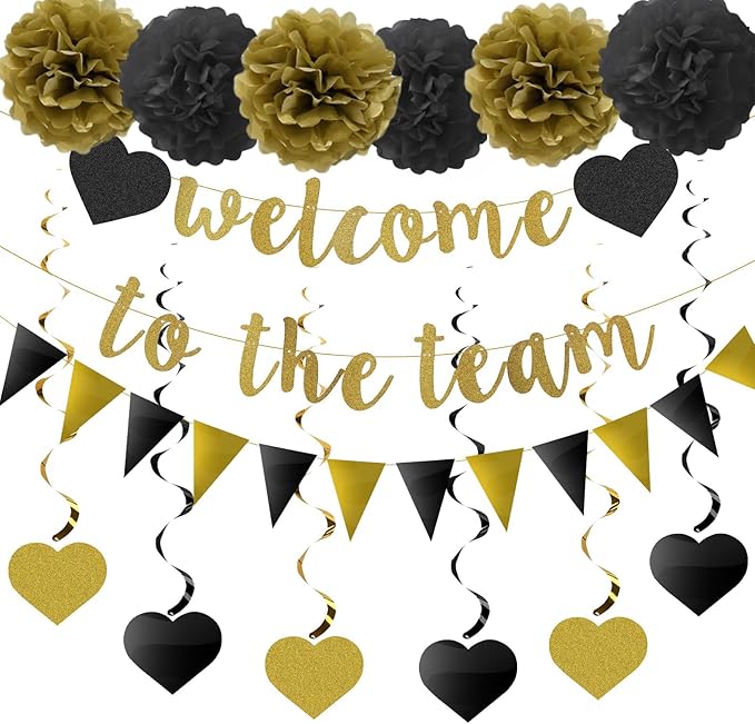 Welcome to The Team Banner Black Gold Glittery Welcome Banner for New Employee Team Member Coworker Staff Colleague New Teacher Welcome Party Banner Garland Decorations Welcome Banner for Office Party
