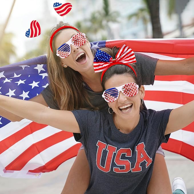Honoson 48 Pcs 4th of July Accessories USA 250th Anniversary Party Favors Include 24 Patriotic Shutter Glasses 24 Head Boppers American Flag Sunglasses for Independence Day Veterans Day Supplies