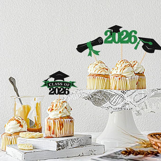 2026 Graduation Cupcake Toppers, 36 pack Green Glitter Class of 2026 Congrats Grad Diploma Grad Cap Cupcake Picks for 2026 Graduation Party decorating Supplies