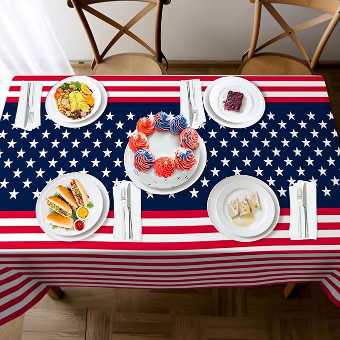 Childom 2 Pack Patriotic Tablecloths,Patriotic Decorations 54" x 108" Disposable American Flag Tablecloths for Event,Party Table Cloth Plastic for Veterans Day,4th of July,Picnic,Dinner,Party Supplies