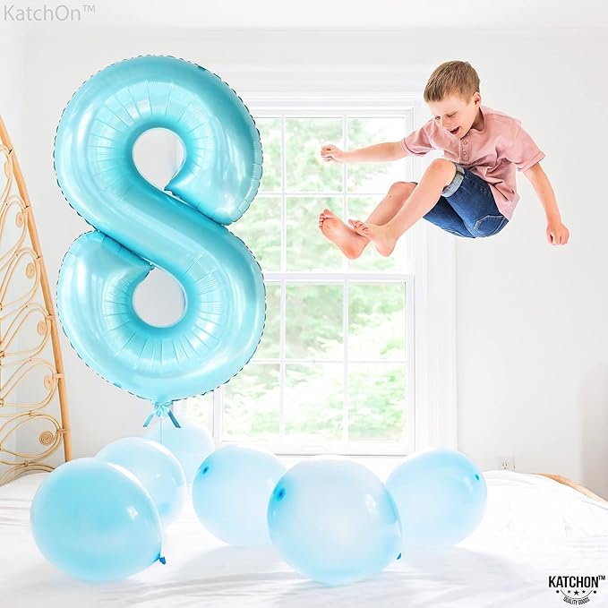 KatchOn, Giant Light Blue Number 8 Balloon - 40 Inch | 8th Birthday Balloons for 8th Birthday Decorations for Girls | Light Blue 8 Balloon | 8 Balloons for Birthday Girl | Light Blue Eight Balloon