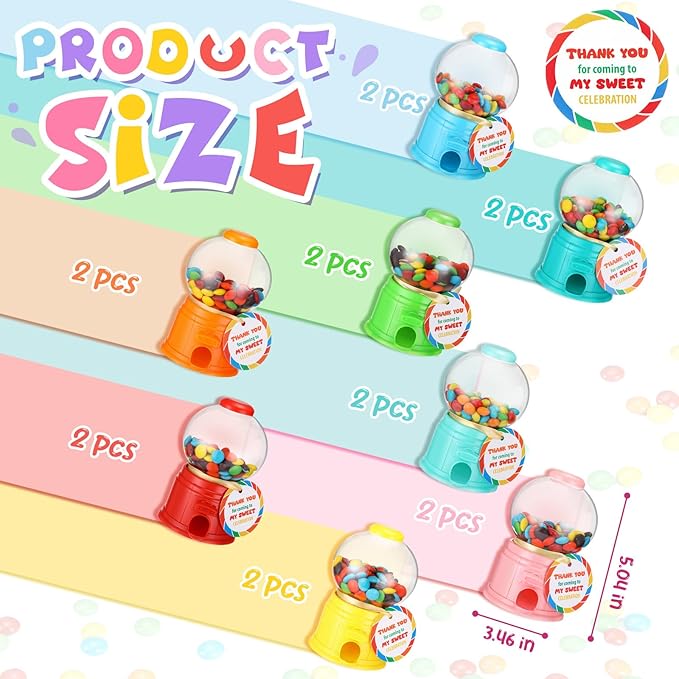 16 Set Candy Theme Party Favors with 5 Inch Mini Candy Dispenser Thank You Cards Plastic Gumball Machines for Birthday Party Supplies Sweet Celebration Decorations