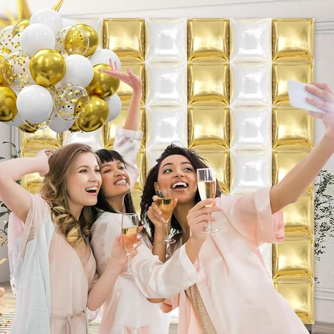 50PCS White and Gold Square Foil Balloon Wall, 19'' Reusable DIY Mylar Double Side Balloons Garland Tunnel Arch Kit for Anniversary Baby Shower Bachelorette Birthday Engagement Bridal Decor