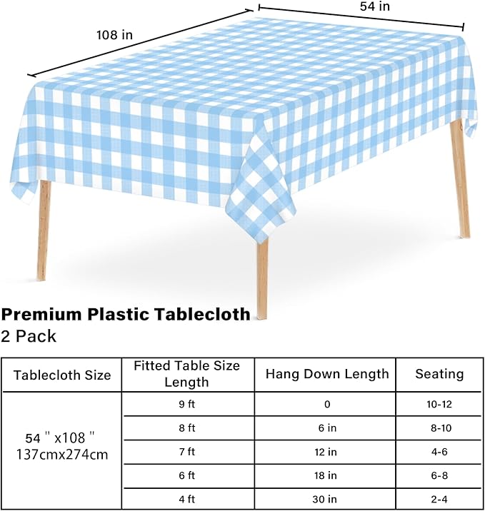 2 Pcs Light Blue Checkered Tablecloth 54 ×108 Inches Rectangle Blue Gingham Tablecloth Disposable Plastic Waterproof Table Cover for Outdoor Picnic, Kitchen, Holiday Birthday Party