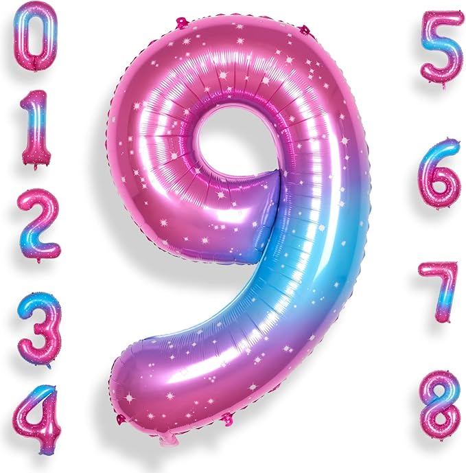 9 Balloon Number 40 Inch for Boy or Girl Big Starry 0-9 Foil Mylar Large 9 Number Balloon Happy 9th Birthday Party Anniversary Decorations Supplies