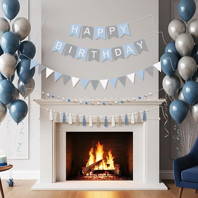 139 Pcs Felt DIY Custom Banner Kit Include 104 Letters 18 Swallowtail Flags 15 Pennants 2 Pcs Pom Pom Garland Tassel Pompom Decoration for Home Baby Shower Birthday(Baby Blue)