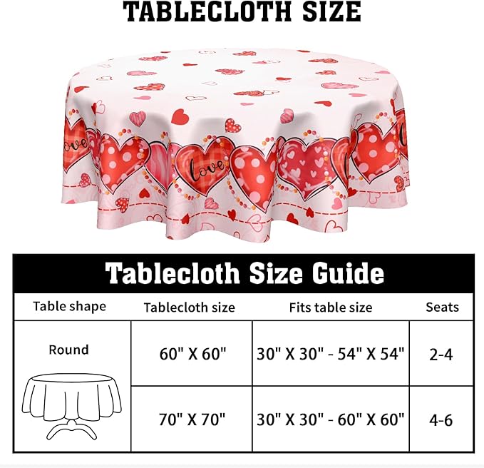 Valentine's Day Tablecloth Round 70 Inch Pink Love Hearts Table Cloth Farmhouse Valentines Table Cover for Kitchen Dinner Room Holiday Party Indoor Outdoor Home Valentine Decor