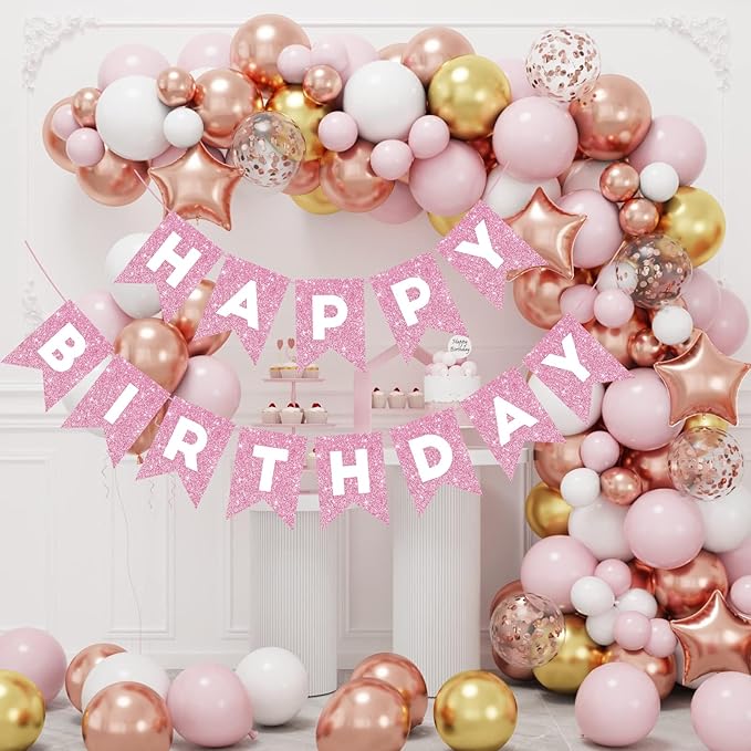 Hooqict Happy Birthday Banner Pink Birthday Decorations for Girls Women 1st 2nd 3rd 13th 21th 30th Pink Party Banner Garland Sign Party Supplies Wall Porch Door Hanging Decor