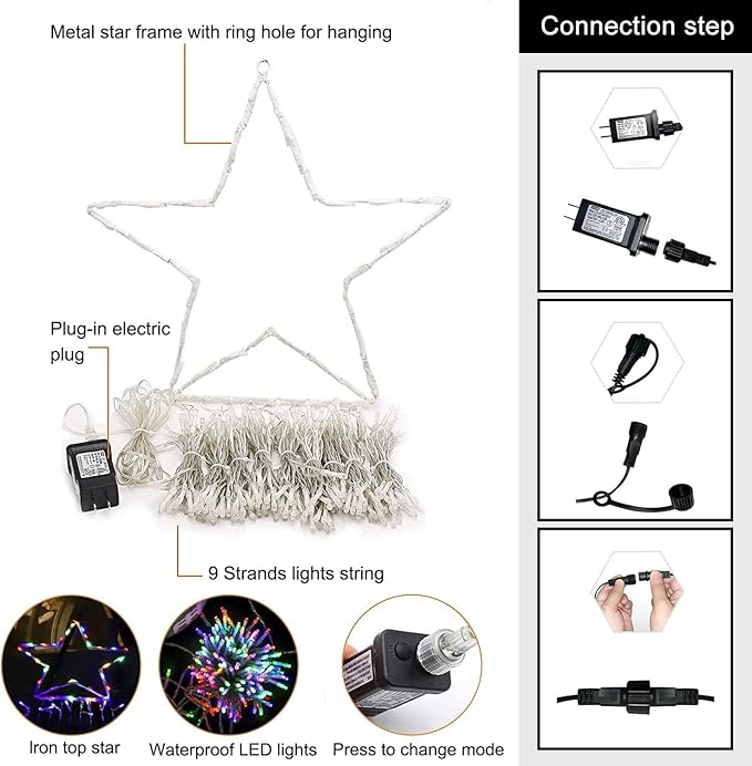 Christmas Decorations Star String Lights, 320 Multicolor LEDs Outdoor Waterproof Hanging Fairy Lights for Xmas New Year Holiday Party Yard Decor