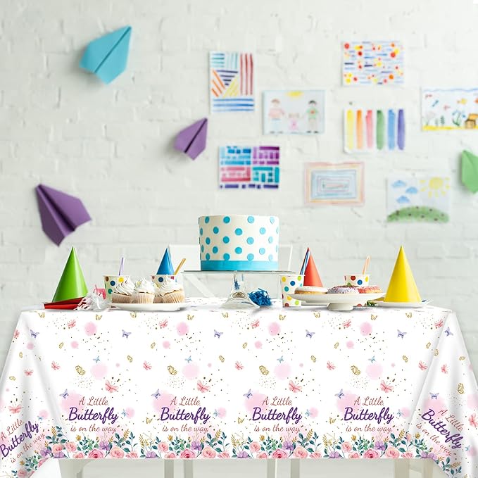 OBUSATT 3Pcs Butterfly Baby Shower Tablecloth Supplies - A Little Butterfly is On The Way Baby Girl Party Disposable Plastic Table Cover Pink Floral Princess Girl Party Decoration