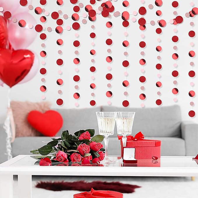 Outus 5 Pieces Red,Pink Round Dots Garland Easter Graduation Party Hanging Decor Each Length 13.1ft Glitter Paper Dot Streamers for Birthday Wedding Classroom