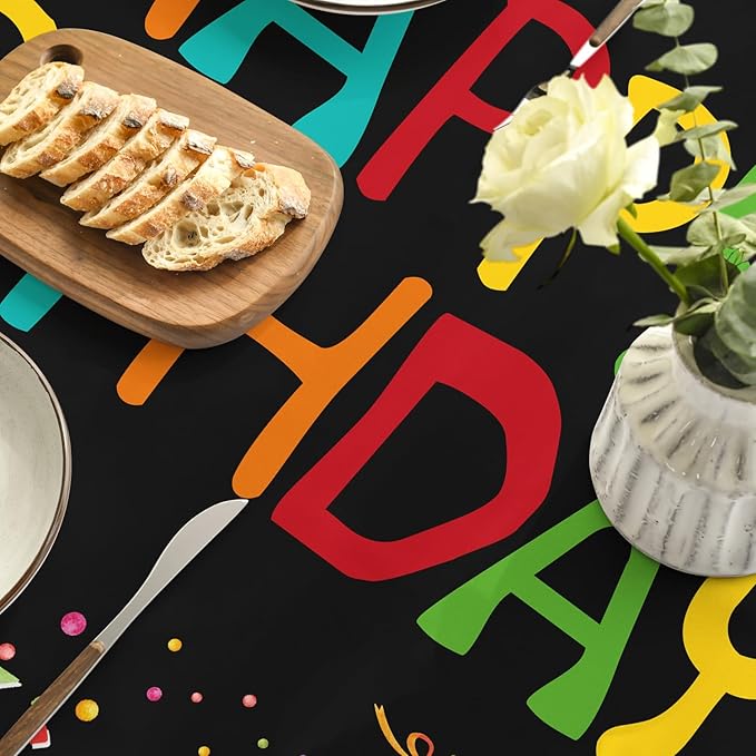 Horaldaily Birthday Tablecloth 60x84 Inch Oval, Happy Birthday Ballon Black Washable Seasonal Table Cover for Party Picnic Dinner Decor