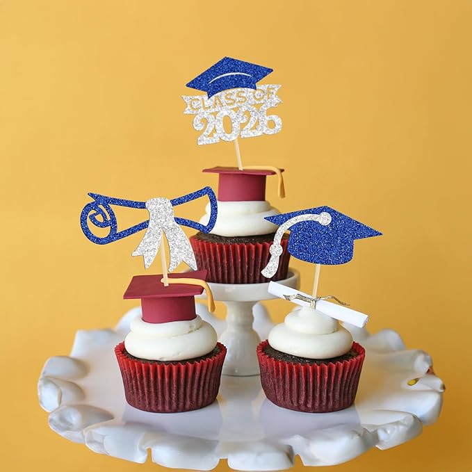 Gyufise 24Pcs Class of 2026 Graduation Cupcake Toppers Glitter Diploma 2026 Grad Cap Cupcake Picks for 2026 Theme Party Cake Decorations Supplies Silver Blue