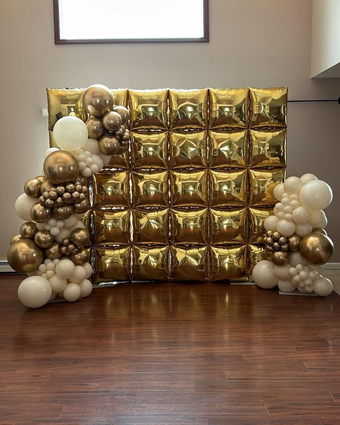 50pcs Metallic Gold Square Foil Balloons Wall Backdrop with 79pcs Metallic Gold Balloon Garland Arch Kit, Double Sided Balloon Tunnel for Anniversary Graduation Birthday New Year Decorations