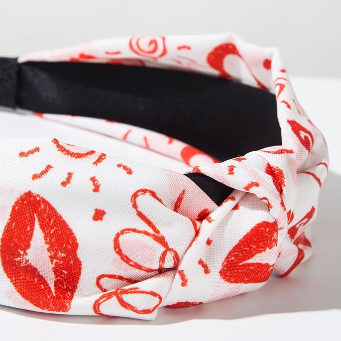 1pcs Valentines Headband With Red Lips Designs English Letters Headbands Fashion Women Head Band Non Slip Cute Knotted Headbands for Women for Valentines Lover Party Hair Accessory