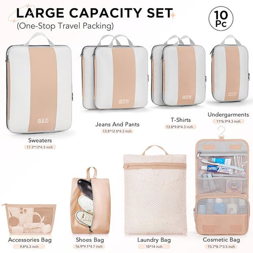 10 Set Compression Packing Cubes for Travel Essentials,Compressible Expandable Packing Cubes for Suitcase,OlarHike Luggage Organizer Bags for Travel,Handy Helper for Organizing Clothes(Gold)