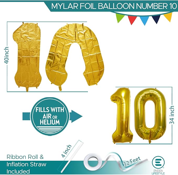 40 Inch Large Gold Number Celebration and Decoration Balloon for Birthday Parties, Graduations, Anniversaries, Weddings, Photo Shoots, Special Events - Helium Foil Mylar (Gold Number 10)