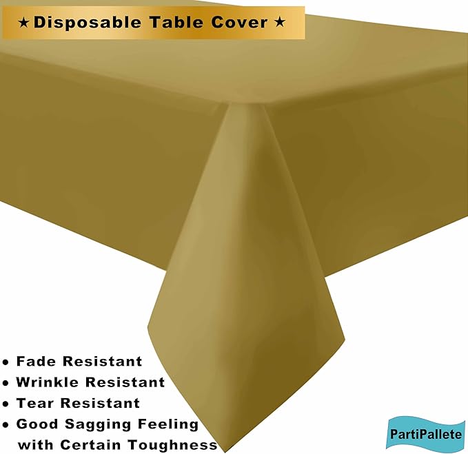 3-Pack Premium Plastic Gold Tablecloth Disposable 54" x 108" Rectangle Table Cover Party PEVA Golden Table Cloths for Fall Parties Harvest Graduations Anniversary Thanksgivings Events