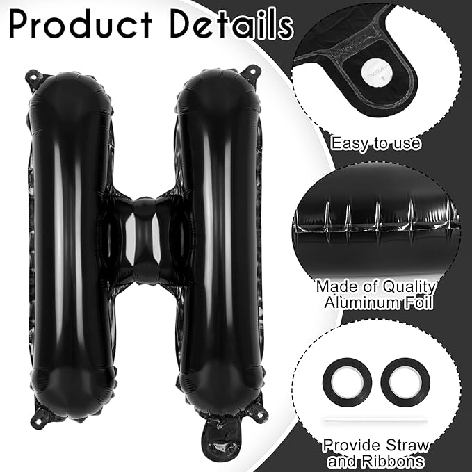 52 Pcs Black Letter Balloons,16 Inch Foil Alphabet Letter Balloons,Letter A-Z Balloon Banner Custom Phrase Balloon for Birthday Party Wedding Anniversary Decoration (Black 52pcs)