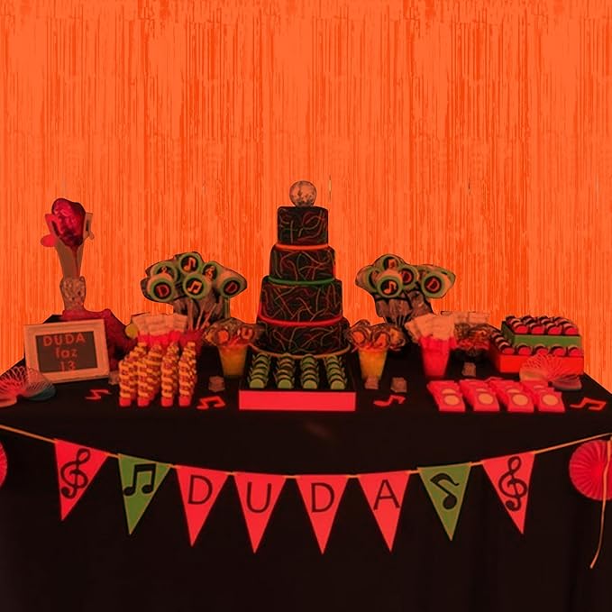 6 Pack 3.3Ft x 6.6Ft Orange Glow in The Dark Foil Fringe Curtain Backdrop Party Supplies, Fluorescent Macaron Metallic Tinsel Foil Streamers Curtain Photo Booth for Neon Birthday Party Decorations
