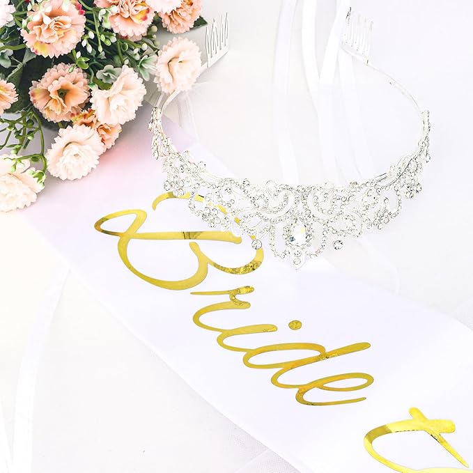 CIEHER Bachelorette Party Favors - White Veil, Bride to Be Sash & Crystal Crown for Bridal Shower Decoraions Wedding Party Gifts - Silver