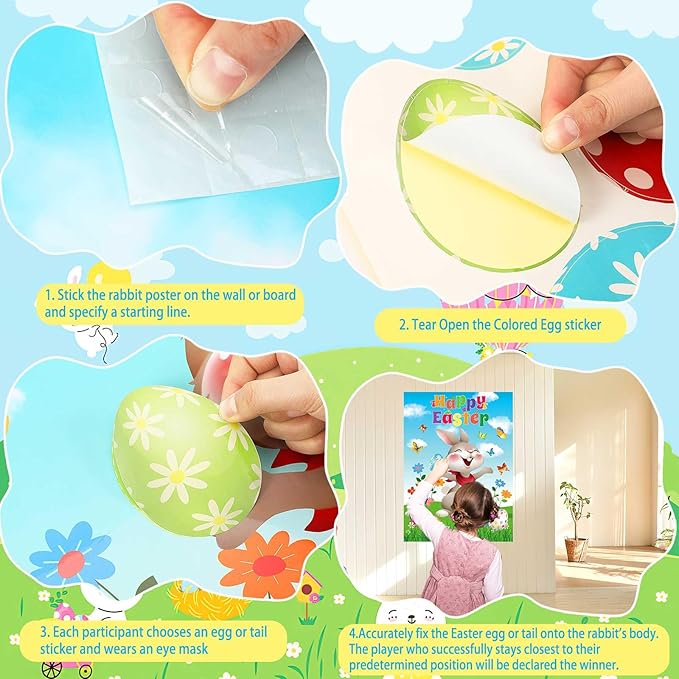 AUGSUN Pin The Tail on The Bunny Easter Games Easter Rabbit Games with 24 Stickers for Easter Party Decorations, Easter Egg Hunt Activities Happy Easter Party Favors Supplies